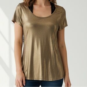 Deb Blouse Shimmering Gold Deb short sleeve fancy Top Black Lace Back Size Large